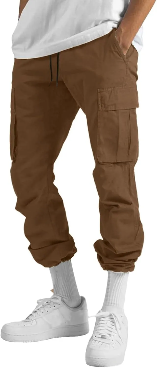 Men's Cargo Trousers Casual Elastic Waist Solid Sports Outdoor Cargo Pant Street Work Trousers with Multi Pockets