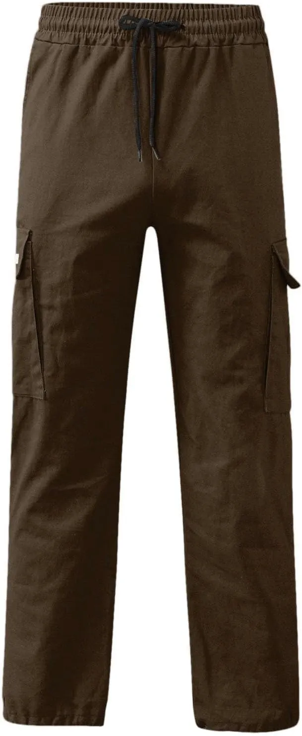 Men's Cargo Trousers Casual Elastic Waist Solid Sports Outdoor Cargo Pant Street Work Trousers with Multi Pockets