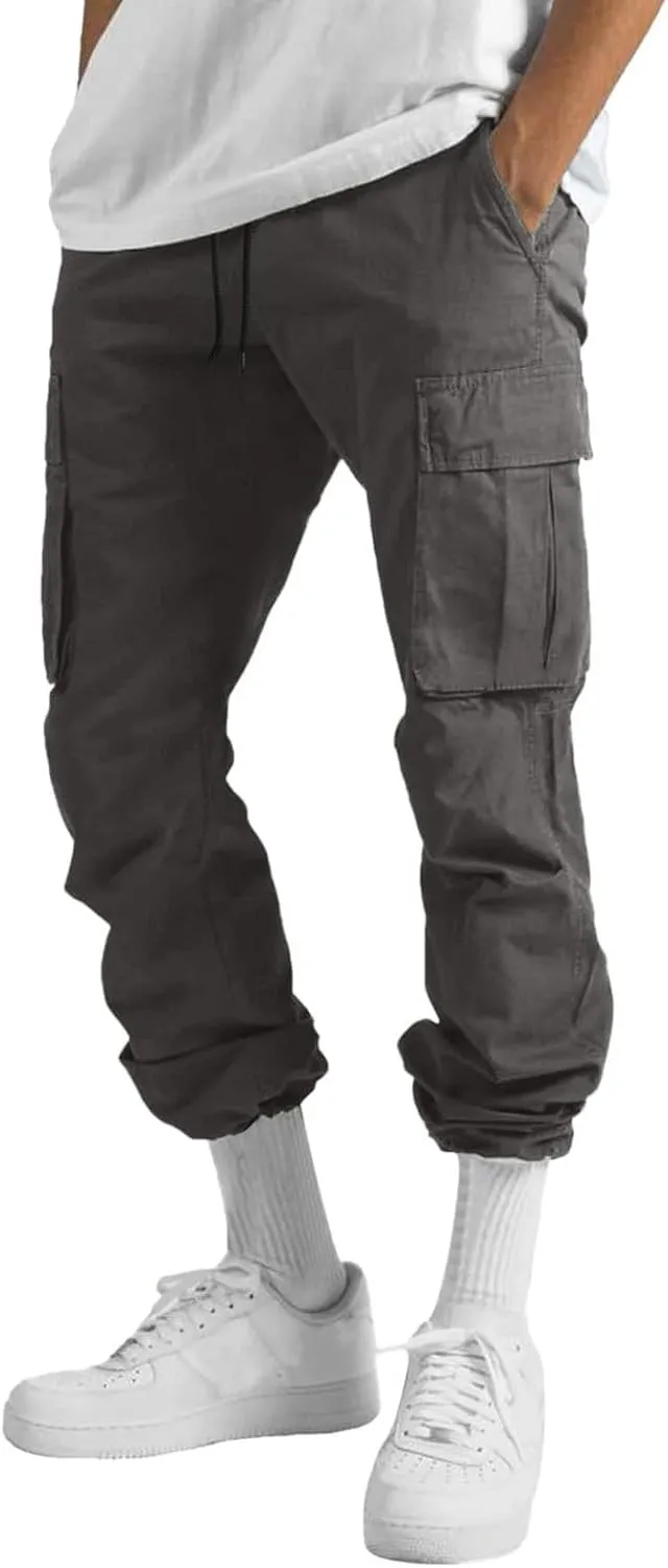 Men's Cargo Trousers Casual Elastic Waist Solid Sports Outdoor Cargo Pant Street Work Trousers with Multi Pockets