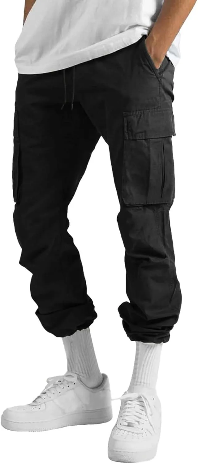 Men's Cargo Trousers Casual Elastic Waist Solid Sports Outdoor Cargo Pant Street Work Trousers with Multi Pockets