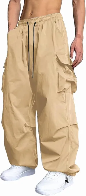 Men's Casual Cargo Pants Elastic Waist Drawstring Street Hip Hop Trousers with Pockets