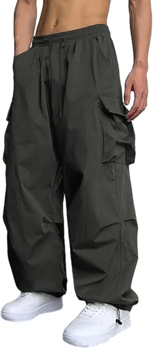 Men's Casual Cargo Pants Elastic Waist Drawstring Street Hip Hop Trousers with Pockets