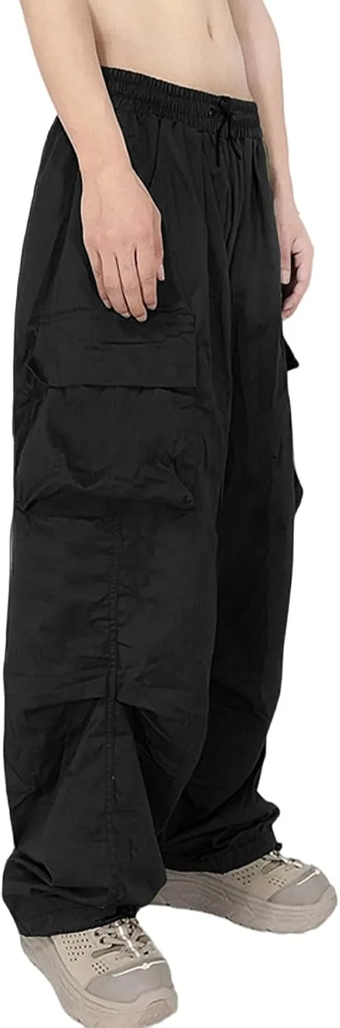 Men's Casual Cargo Pants Elastic Waist Drawstring Street Hip Hop Trousers with Pockets