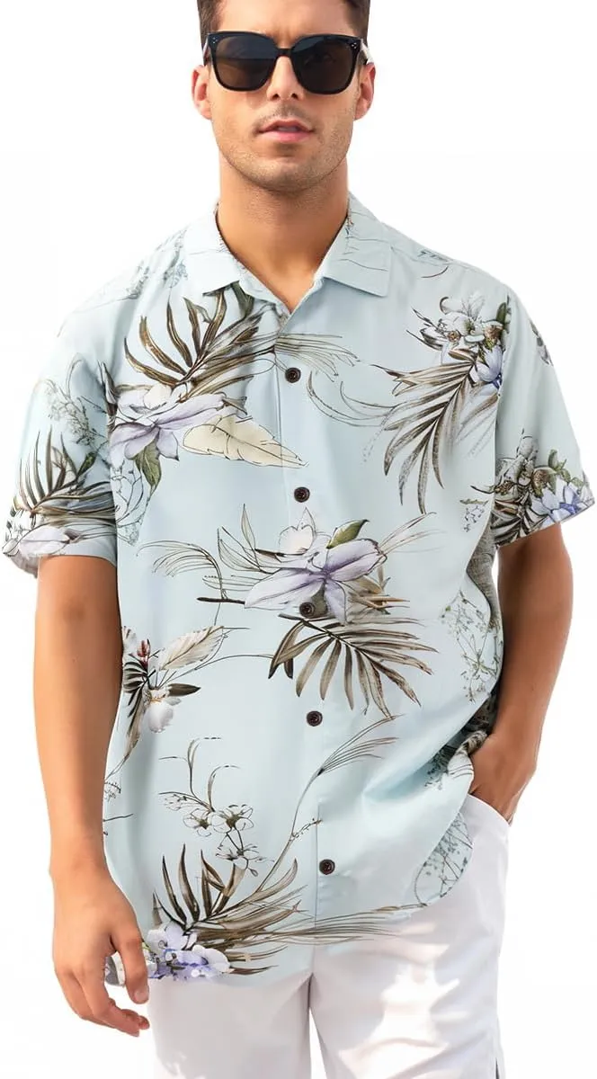 Men's Hawaiian Floral Shirts Silk and Linen Button Down Casual Tropical Holiday Beach Shirts