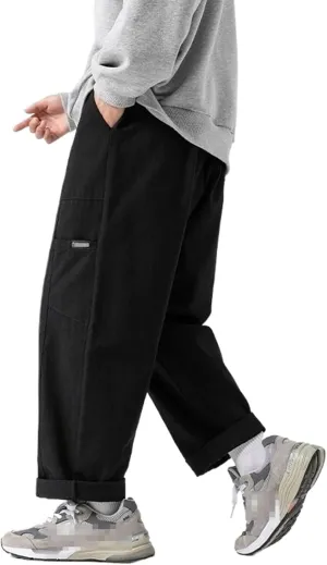 Men's Japanese-Style Cargo Casual Pants,Autumn/Winter Loose Straight-Leg Patchwork Long Trousers