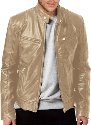 Men's Leather Biker Jacket 2024 Casual Stylish Stand Collared Zip Up Varsity Coat Motorcycle Light Weight Jackets