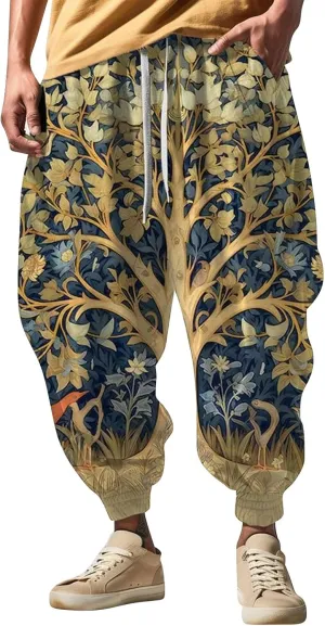 Men's Linen Harem Drawstring Pants Men's Autumn Fun Print Fashion Street Feel Casual Hiking Outdoor Twill Track