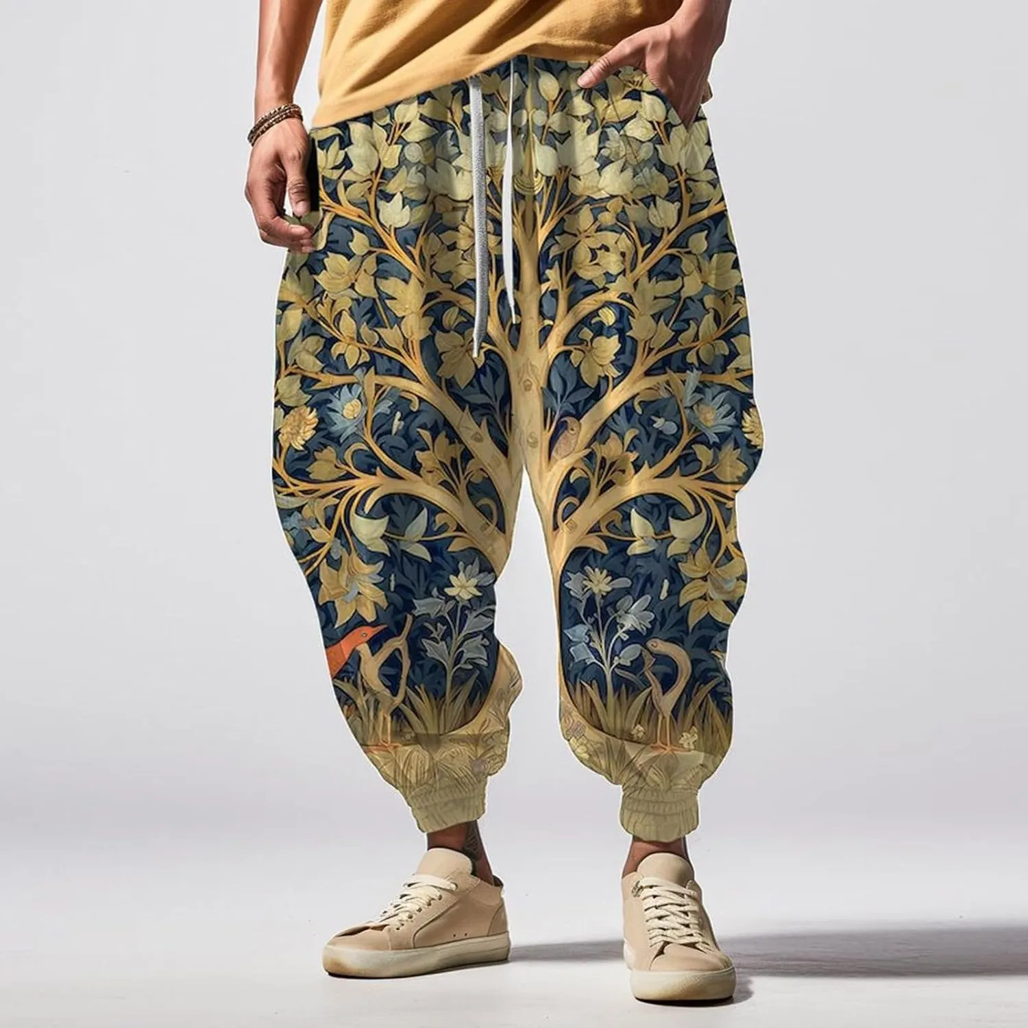 Men's Linen Harem Drawstring Pants Men's Autumn Fun Print Fashion Street Feel Casual Hiking Outdoor Twill Track