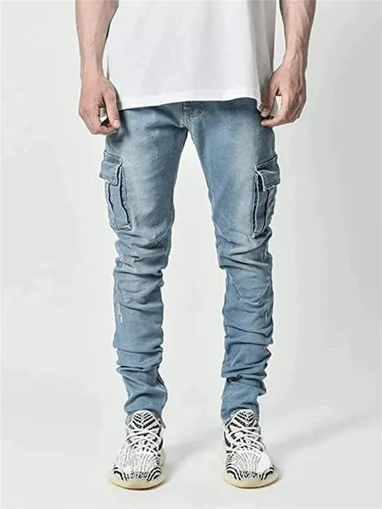 Men's Side Pocket Pencil Jeans Biker Fashion Cargo Skinny Jean Trousers Angled Cargo Slim Fit Jean Trousers Joggers