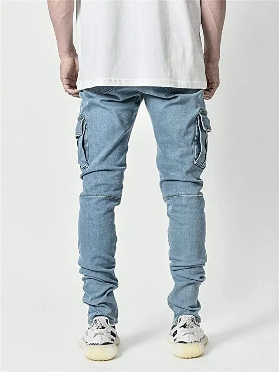 Men's Side Pocket Pencil Jeans Biker Fashion Cargo Skinny Jean Trousers Angled Cargo Slim Fit Jean Trousers Joggers