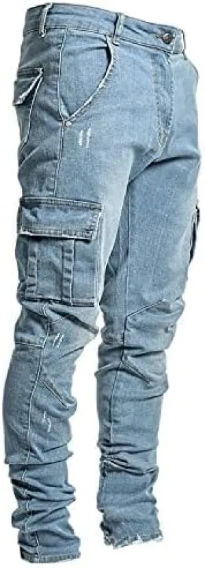 Men's Side Pocket Pencil Jeans Biker Fashion Cargo Skinny Jean Trousers Angled Cargo Slim Fit Jean Trousers Joggers
