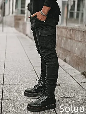 Men's Side Pocket Pencil Jeans Biker Fashion Cargo Skinny Jean Trousers Angled Cargo Slim Fit Jean Trousers Joggers
