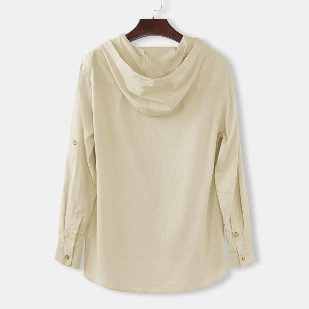 Mens Summer Baggy Cotton Linen Hooded Henley Shirts Casual Loose Beach Yoga Tops Long Sleeve M-3XL