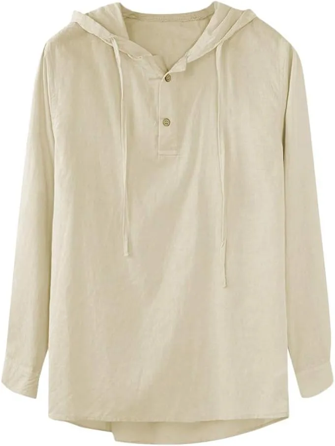Mens Summer Baggy Cotton Linen Hooded Henley Shirts Casual Loose Beach Yoga Tops Long Sleeve M-3XL