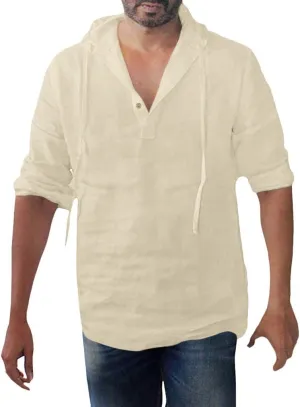 Mens Summer Baggy Cotton Linen Hooded Henley Shirts Casual Loose Beach Yoga Tops Long Sleeve M-3XL