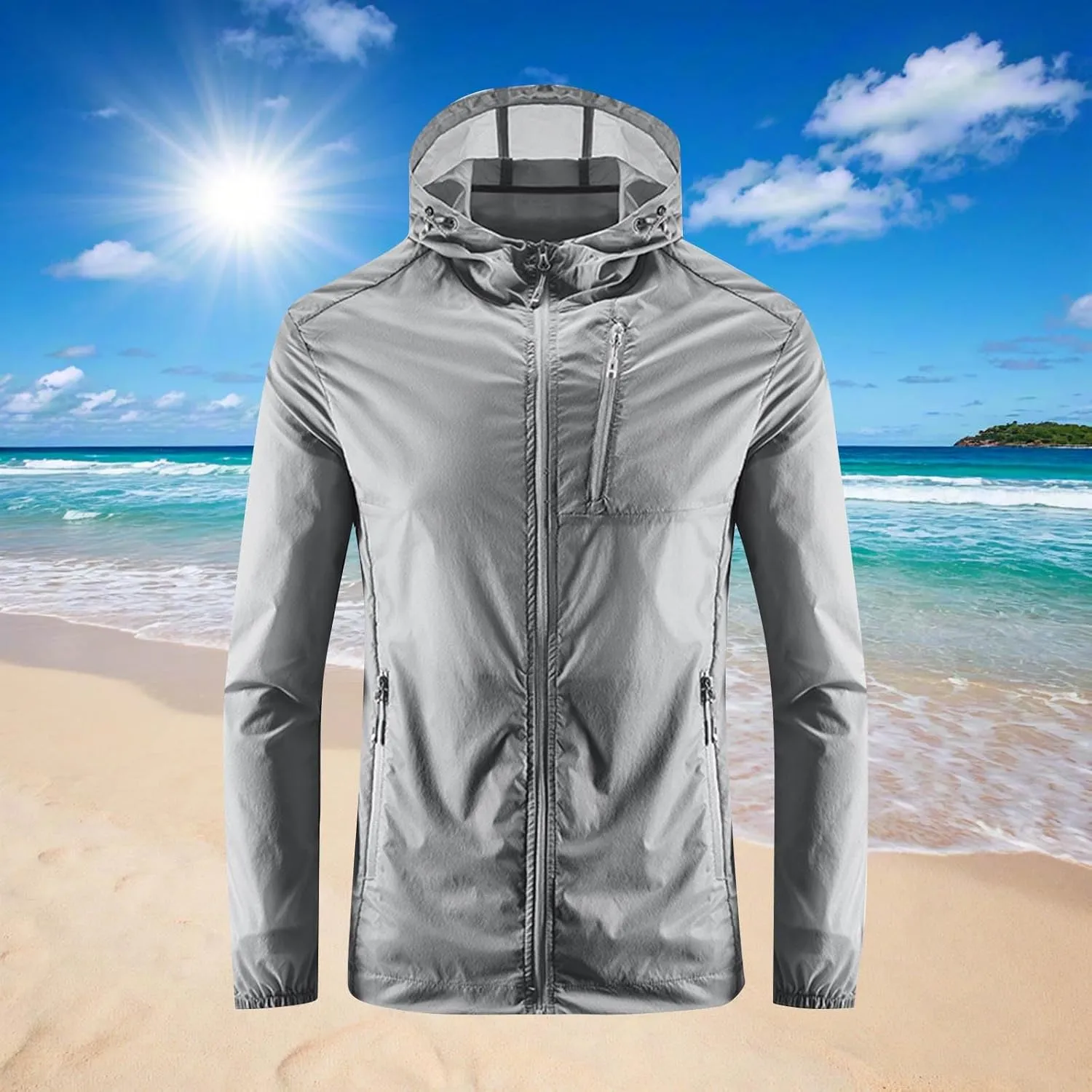 Men's UPF 50  Light Jacket SPF UV Long Sleeve Sun Shirts Hiking Fishing Zip Pockets Athletic Sun Protection Hoodie