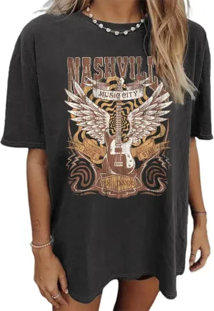 Music City T-Shirt Women Country Music Oversized Tshirts Vintage Graphic Rock Concert Shirts Rock Band Tops