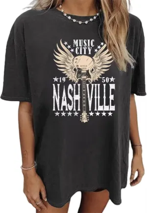Music City T-Shirt Women Country Music Oversized Tshirts Vintage Graphic Rock Concert Shirts Rock Band Tops