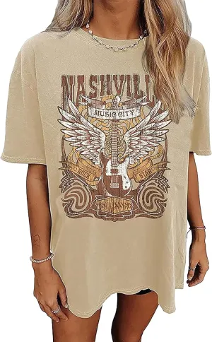 Nashville Music City T-Shirt for Women Country Music Oversized Shirt Rock Band Tshirt Vintage Guitar Graphic Tees Tops