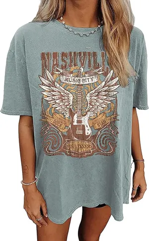 Nashville Music City T-Shirt for Women Country Music Oversized Shirt Rock Band Tshirt Vintage Guitar Graphic Tees Tops