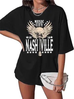 Nashville Music City T-Shirt for Women Country Music Oversized Shirt Rock Band Tshirt Vintage Guitar Graphic Tees Tops