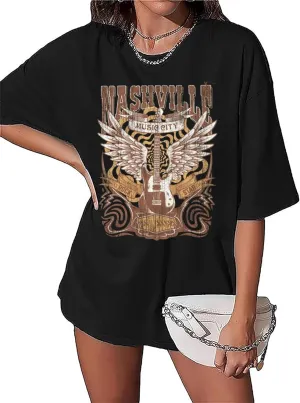 Nashville Music City T-Shirt for Women Country Music Oversized Shirt Rock Band Tshirt Vintage Guitar Graphic Tees Tops