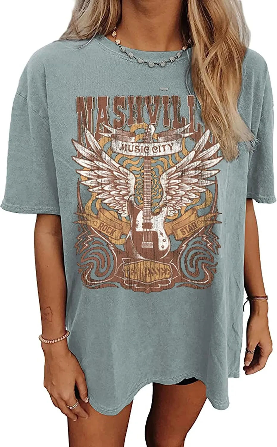 Nashville Music City T-Shirt Women Country Music Oversized Shirts Rock Band Tshirt Vintage Guitar Wings Graphic Tees