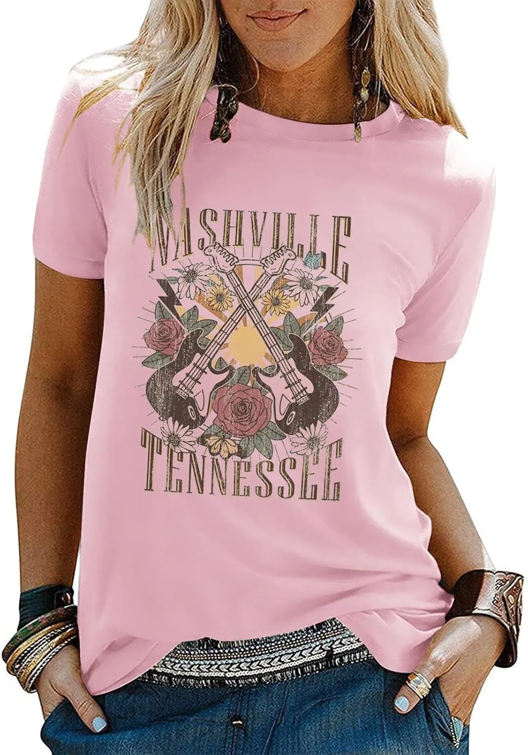 Nashville Shirt for Women Music City Guitar Graphic T Shirt Vintage Band Tees Tennessee Concert Tees Tops