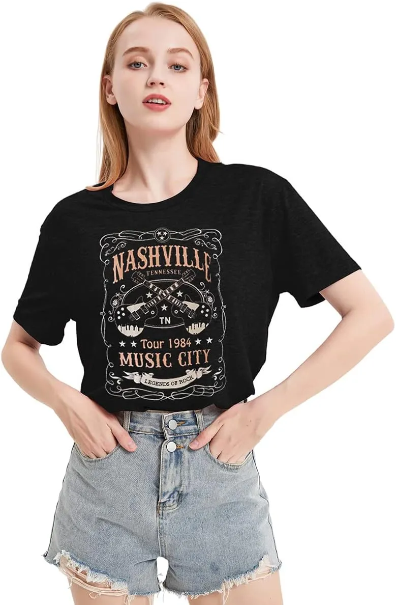 Nashville Shirt for Women Music City Guitar Graphic T Shirt Vintage Band Tees Tennessee Concert Tees Tops
