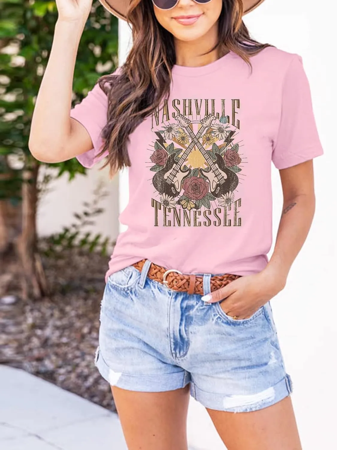 Nashville Shirt for Women Music City Guitar Graphic T Shirt Vintage Band Tees Tennessee Concert Tees Tops