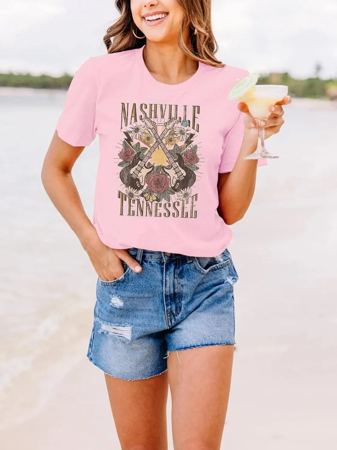 Nashville Shirt for Women Music City Guitar Graphic T Shirt Vintage Band Tees Tennessee Concert Tees Tops