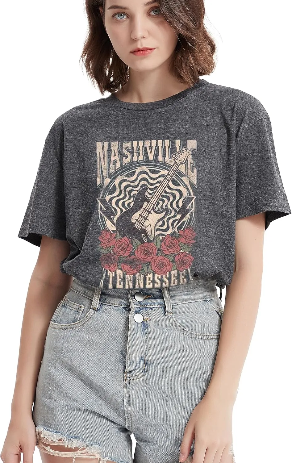 Nashville Shirt for Women Music City Guitar Graphic T Shirt Vintage Band Tees Tennessee Concert Tees Tops