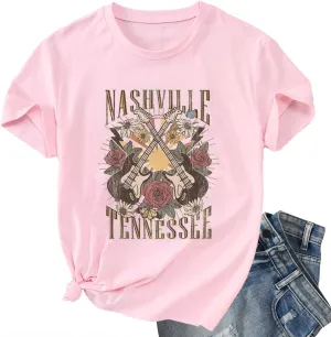 Nashville Shirt for Women Music City Guitar Graphic T Shirt Vintage Band Tees Tennessee Concert Tees Tops