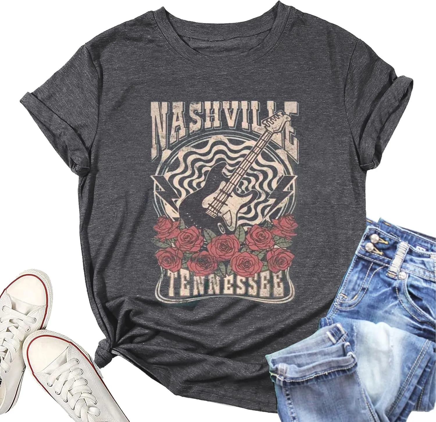 Nashville Shirt for Women Music City Guitar Graphic T Shirt Vintage Band Tees Tennessee Concert Tees Tops