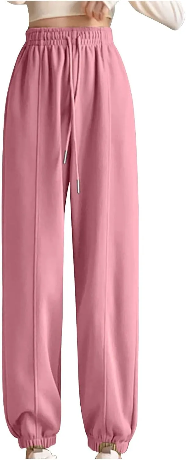 NATHGAM Women's Sweatpants Winter Warm Fleece Lined High Waist Wide Leg Pants Lightweight Comfy Fashion Y2K Street Trousers