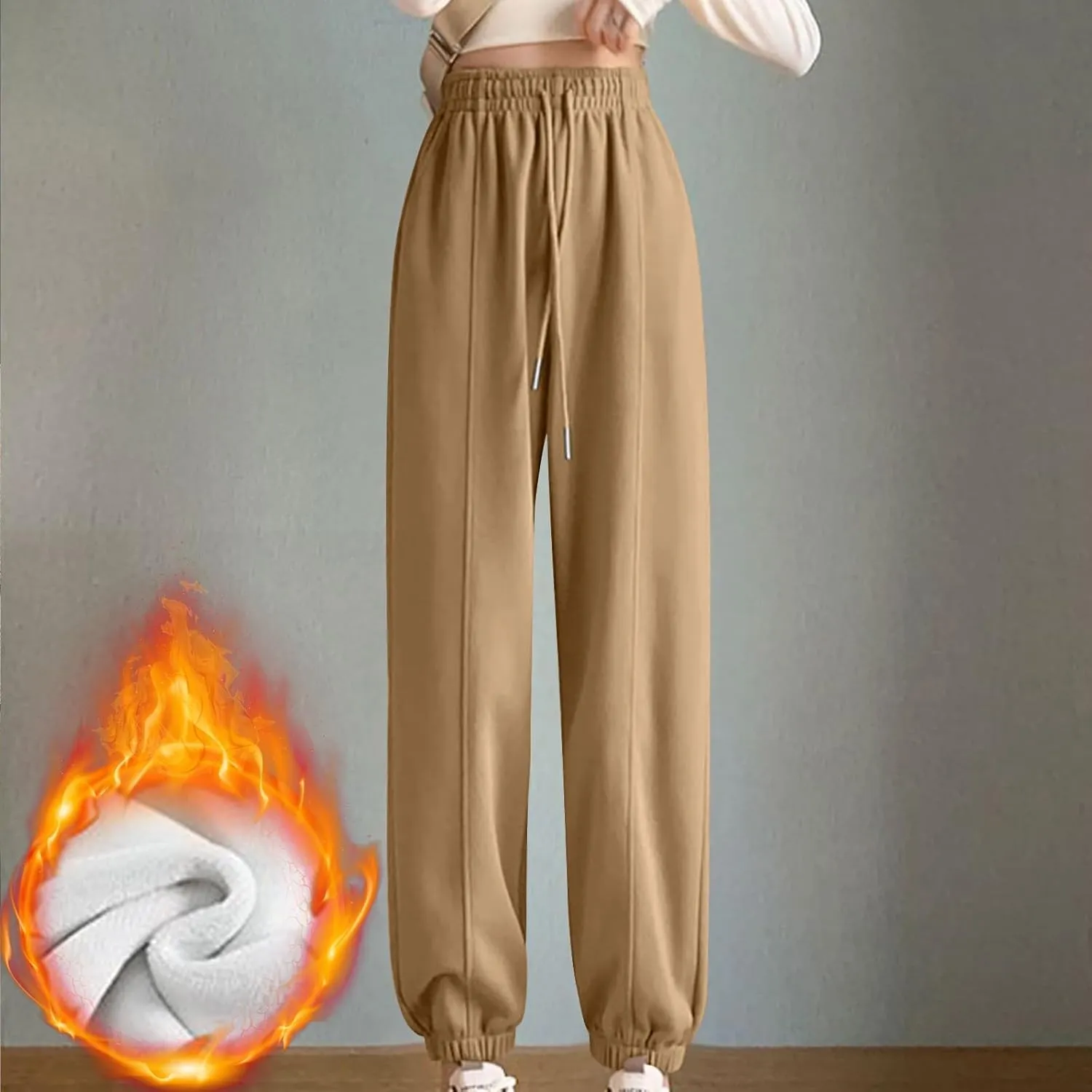 NATHGAM Women's Sweatpants Winter Warm Fleece Lined High Waist Wide Leg Pants Lightweight Comfy Fashion Y2K Street Trousers