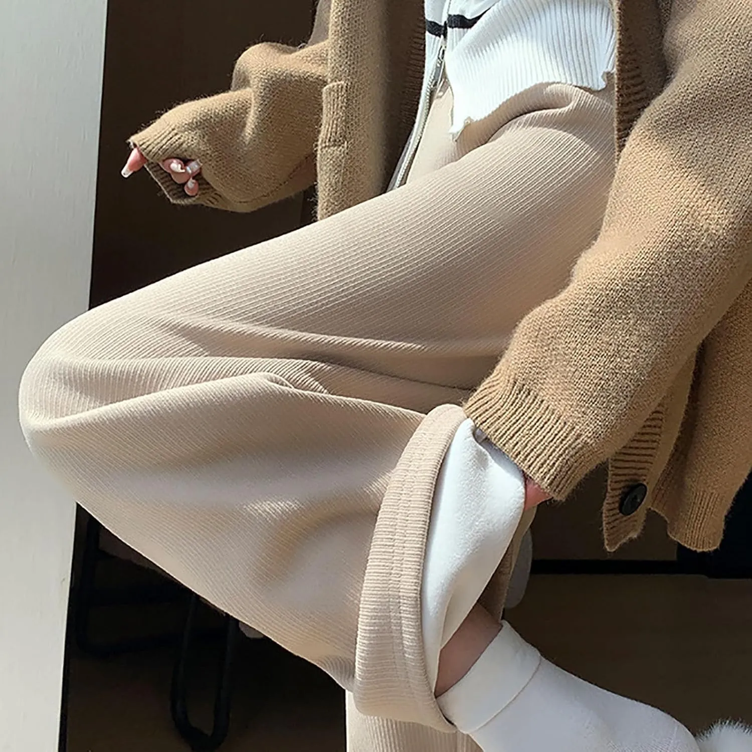 NATHGAM Women's Sweatpants Winter Warm Fleece Lined High Waist Wide Leg Pants Lightweight Comfy Fashion Y2K Street Trousers