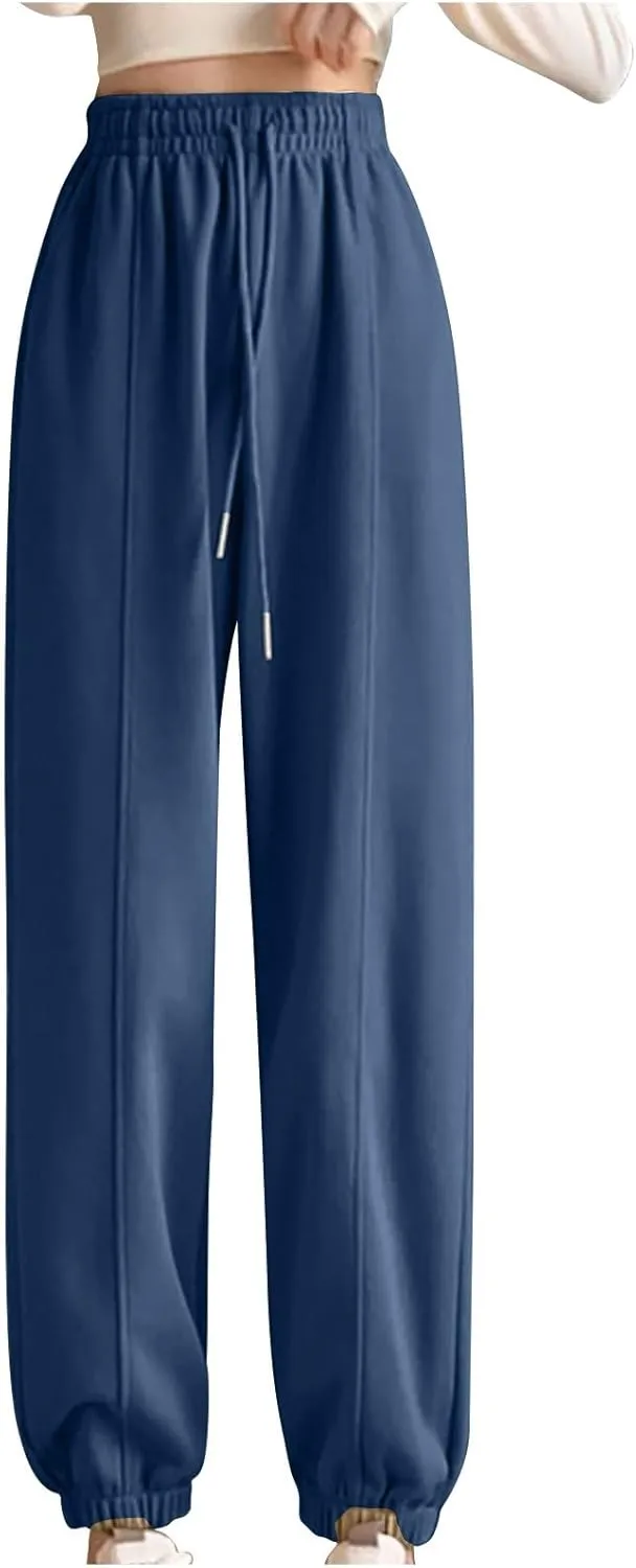 NATHGAM Women's Sweatpants Winter Warm Fleece Lined High Waist Wide Leg Pants Lightweight Comfy Fashion Y2K Street Trousers