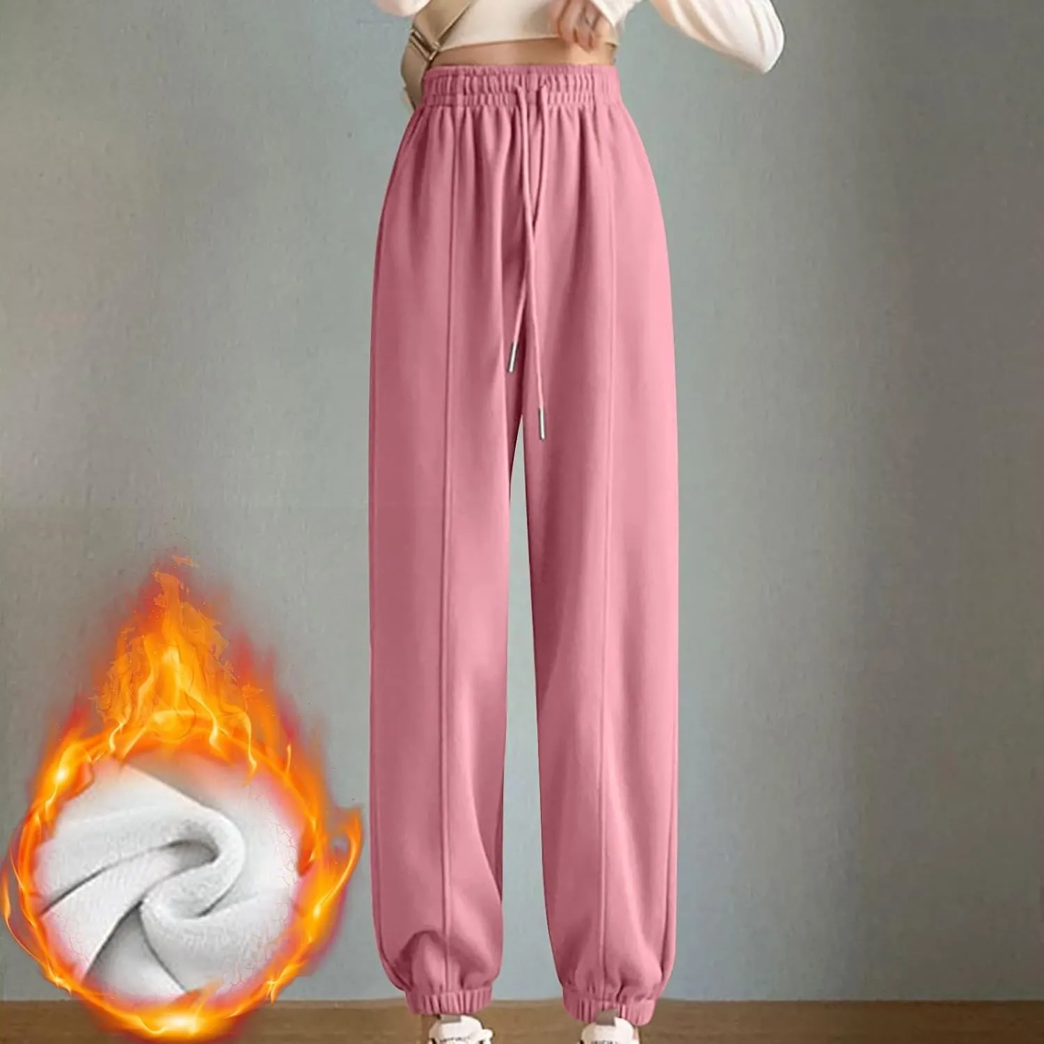 NATHGAM Women's Sweatpants Winter Warm Fleece Lined High Waist Wide Leg Pants Lightweight Comfy Fashion Y2K Street Trousers