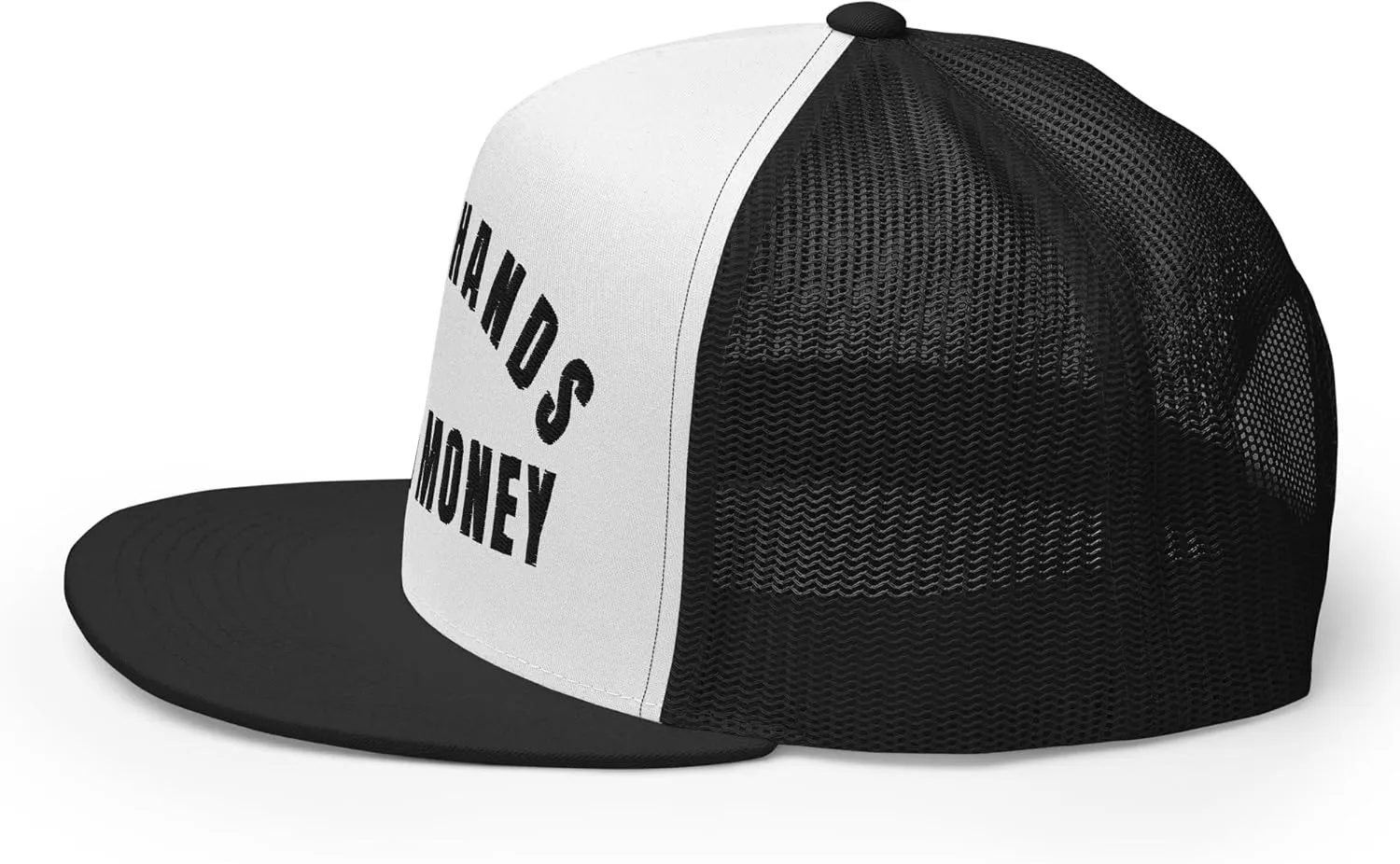 NG Dirty Hands Clean Money Flat Bill Embroidered Trucker Hat High Crown | Adjustable Blue Collar Cap