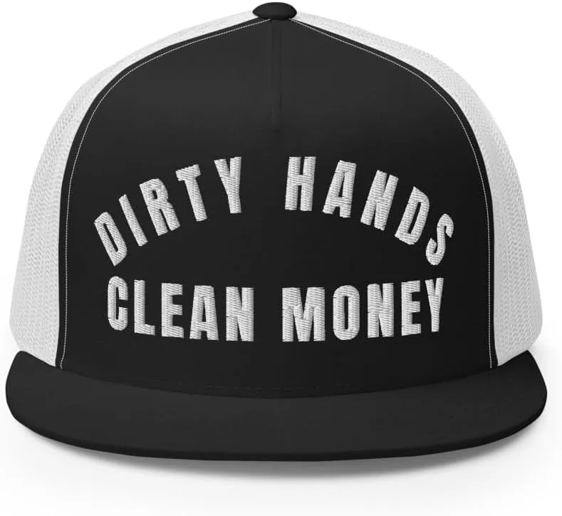NG Dirty Hands Clean Money Flat Bill Embroidered Trucker Hat High Crown | Adjustable Blue Collar Cap