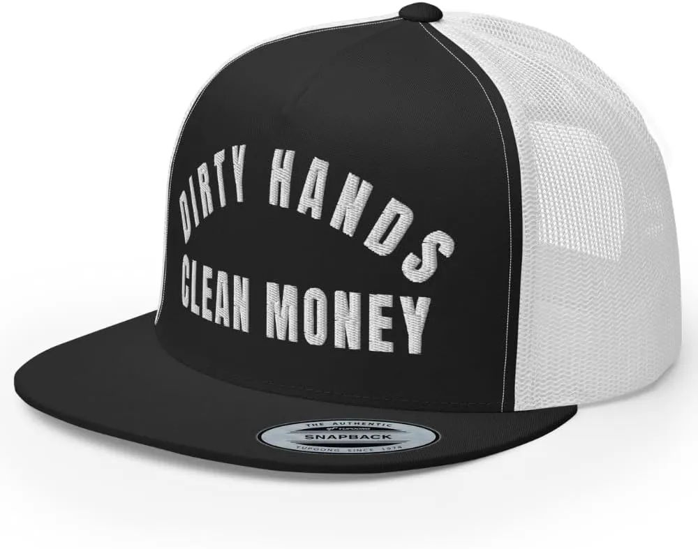 NG Dirty Hands Clean Money Flat Bill Embroidered Trucker Hat High Crown | Adjustable Blue Collar Cap