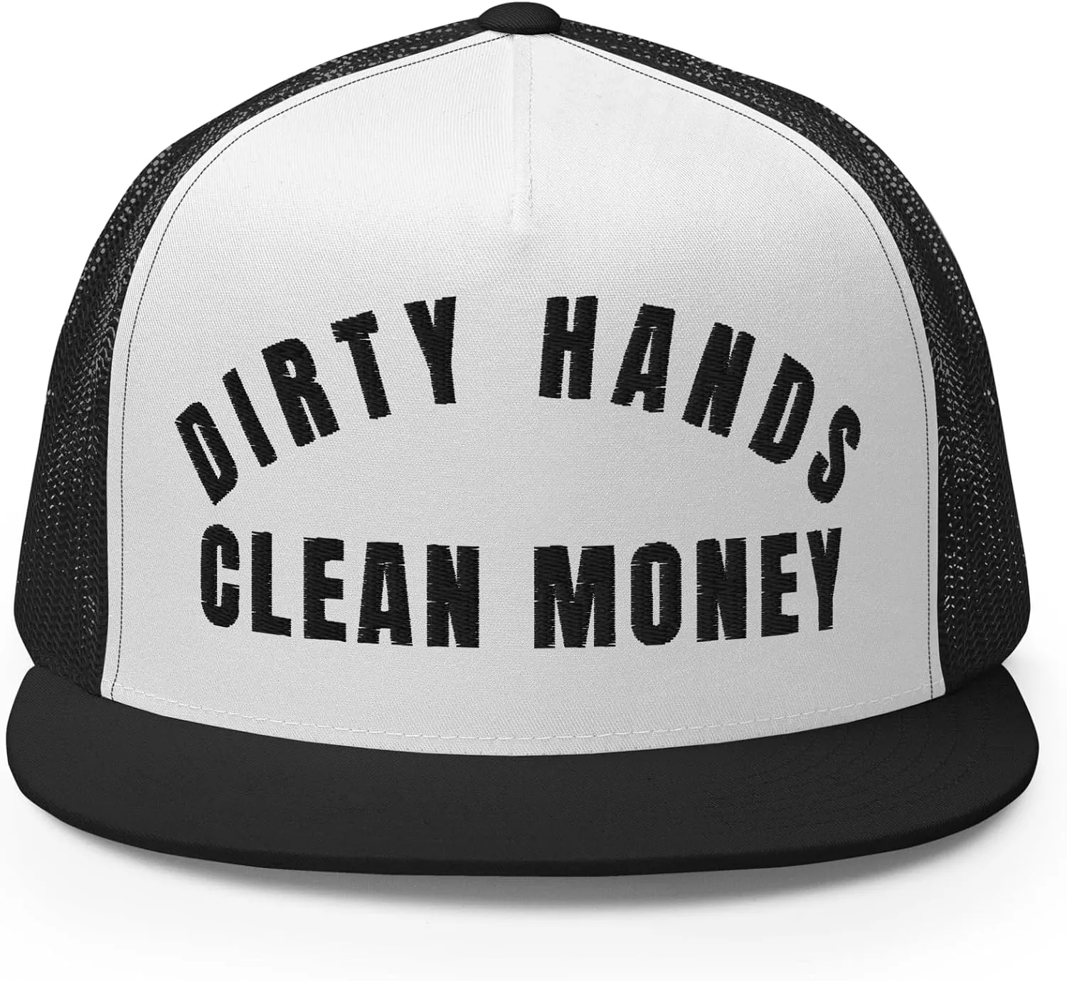 NG Dirty Hands Clean Money Flat Bill Embroidered Trucker Hat High Crown | Adjustable Blue Collar Cap
