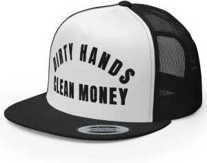 NG Dirty Hands Clean Money Flat Bill Embroidered Trucker Hat High Crown | Adjustable Blue Collar Cap