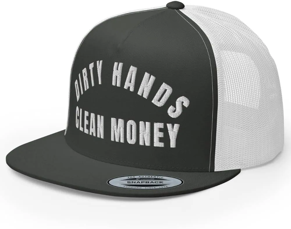 NG Dirty Hands Clean Money Flat Bill Embroidered Trucker Hat High Crown | Adjustable Blue Collar Cap