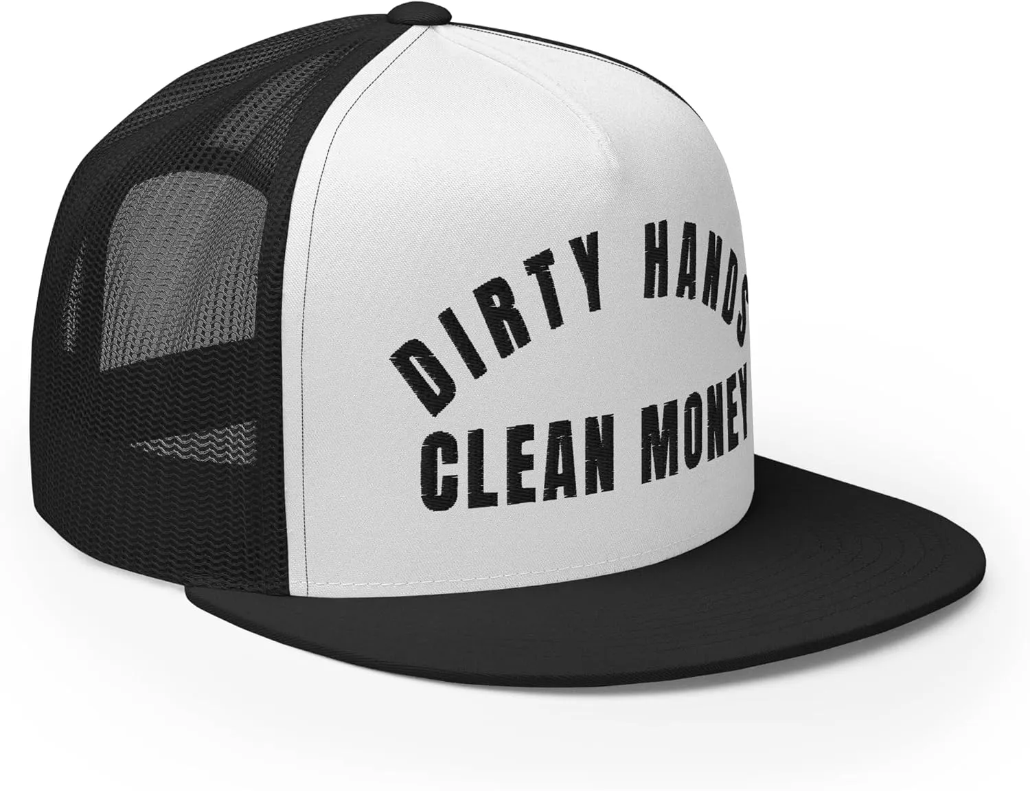 NG Dirty Hands Clean Money Flat Bill Embroidered Trucker Hat High Crown | Adjustable Blue Collar Cap
