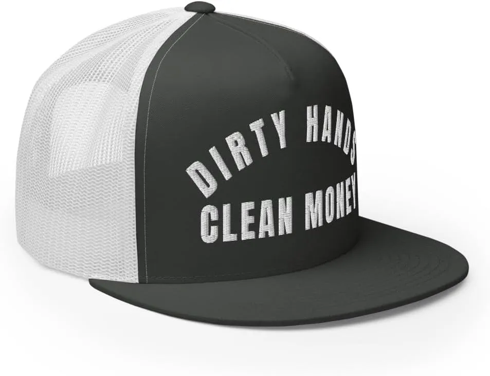NG Dirty Hands Clean Money Flat Bill Embroidered Trucker Hat High Crown | Adjustable Blue Collar Cap