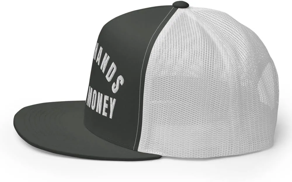 NG Dirty Hands Clean Money Flat Bill Embroidered Trucker Hat High Crown | Adjustable Blue Collar Cap