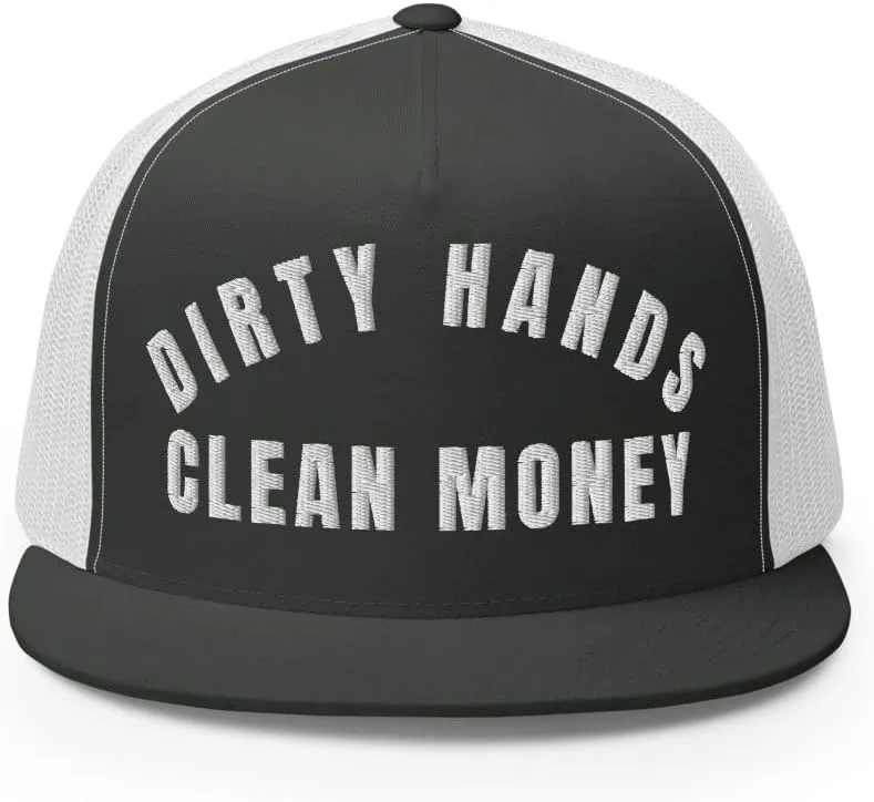 NG Dirty Hands Clean Money Flat Bill Embroidered Trucker Hat High Crown | Adjustable Blue Collar Cap