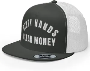 NG Dirty Hands Clean Money Flat Bill Embroidered Trucker Hat High Crown | Adjustable Blue Collar Cap